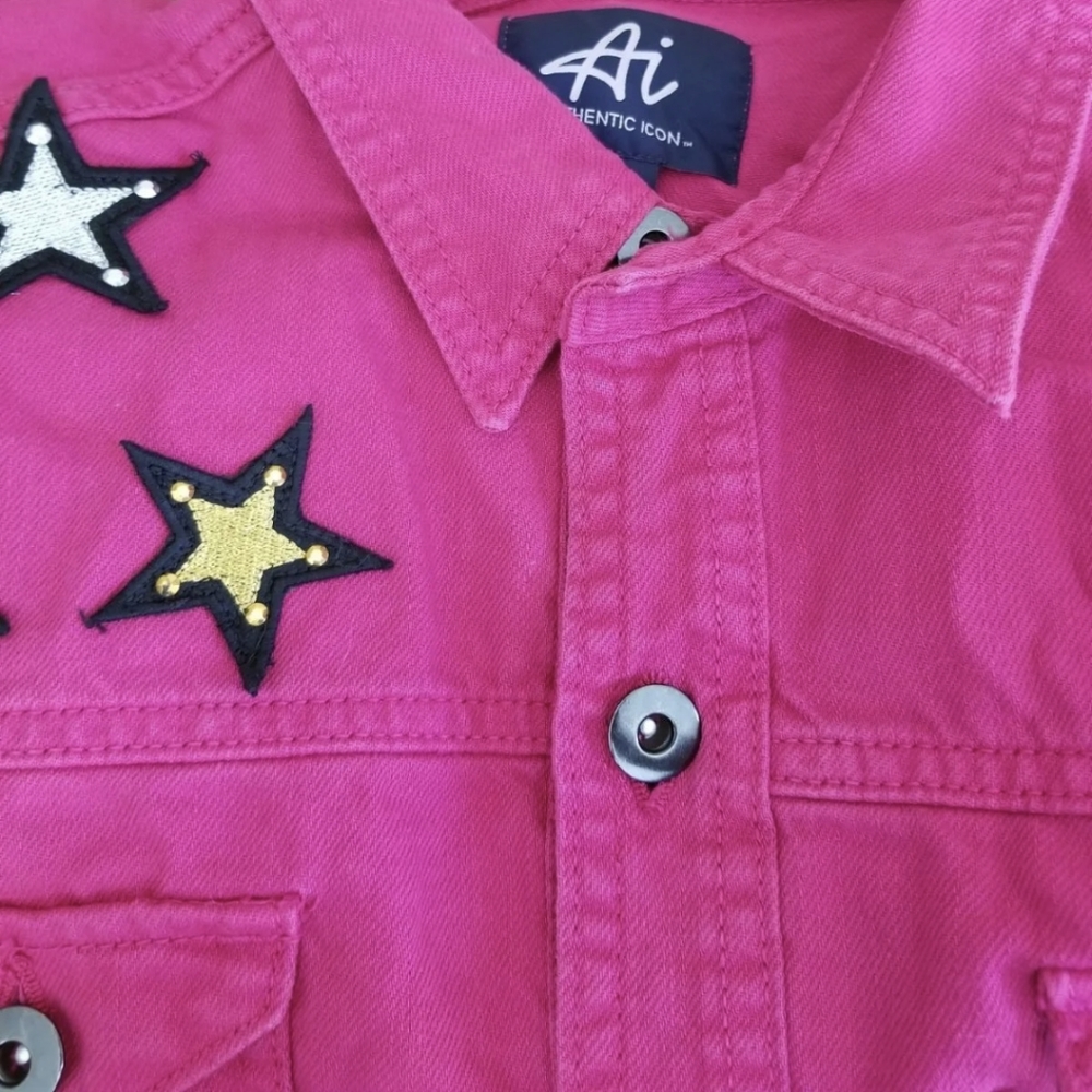 American Idol Star Hot Pink Black Gold White Fuschia Jean Denim Jacket Size L